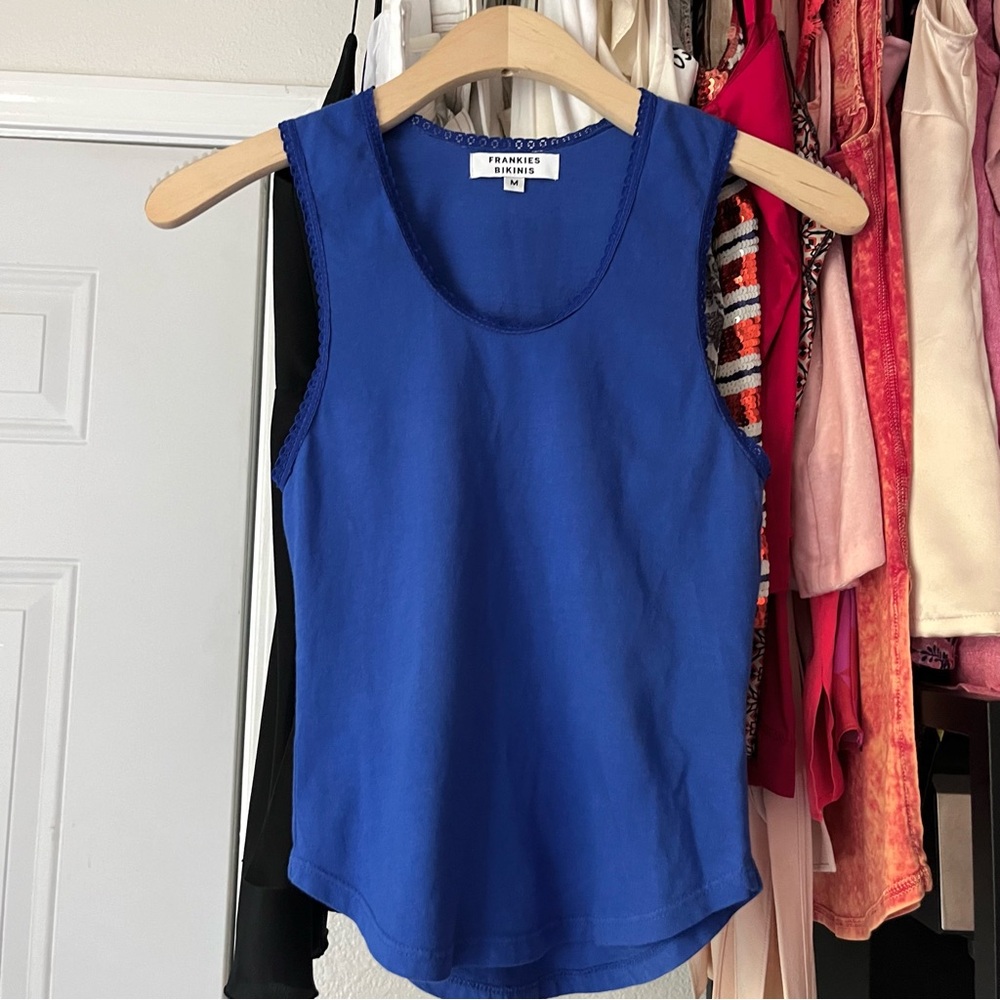 FRANKIES BIKINIS cobalt royal blue cotton knit scoop neck lace trim tank top